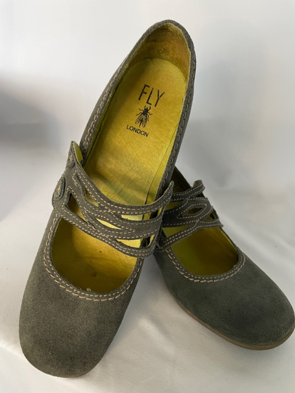 FLY London Gray Suede Mary Jane Heels with Double Strap Detail Size 39